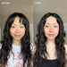 Before and after comparison of a woman with long, wavy hair against a neutral background.