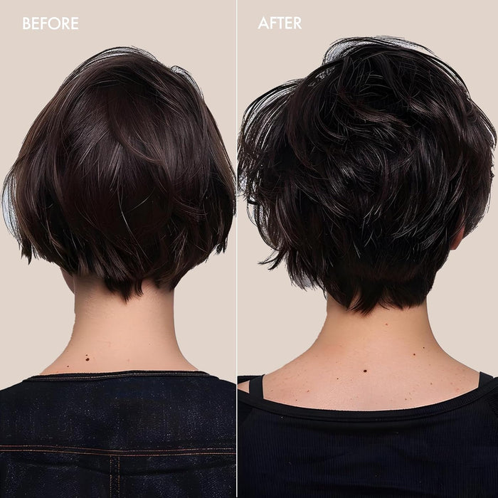 Before and after comparison of a haircut on a person with dark hair against a neutral background.