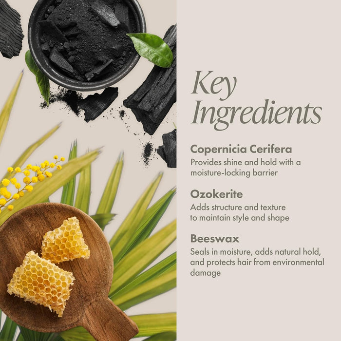 Key ingredients of a hair product with copernicia cerifera, ozokerite, and beeswax displayed on a natural background.