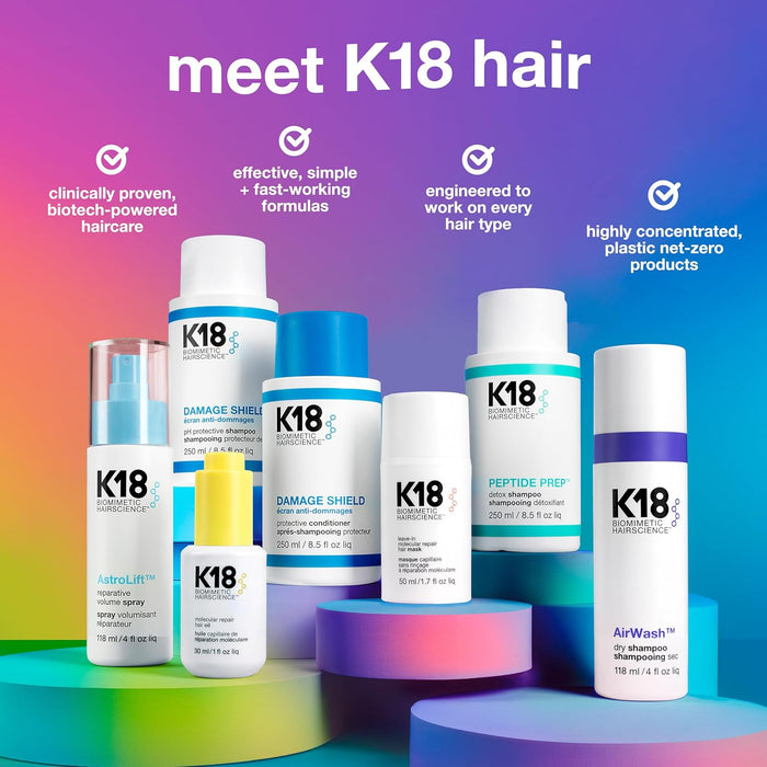 K18 hair care product lineup with promotional text on a colorful background