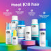 K18 hair care product lineup with promotional text on a colorful background