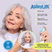 Woman with gray hair using AstroLift hair product with instructions on a light purple background