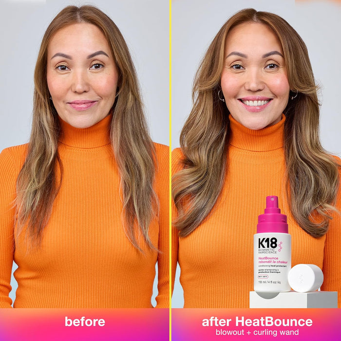 Before and after comparison of a woman with styled hair using K18 HeatBounce product.