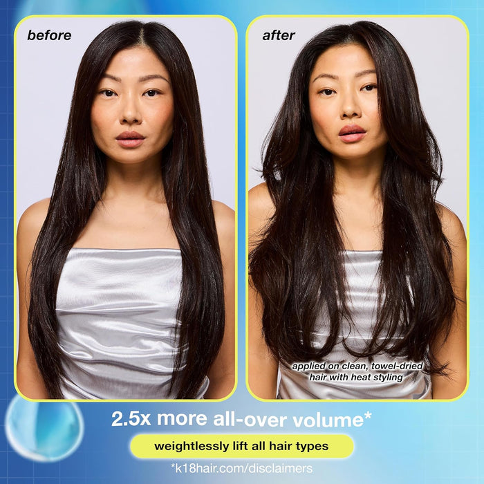 Before and after comparison of hair volume treatment on a woman with long dark hair.