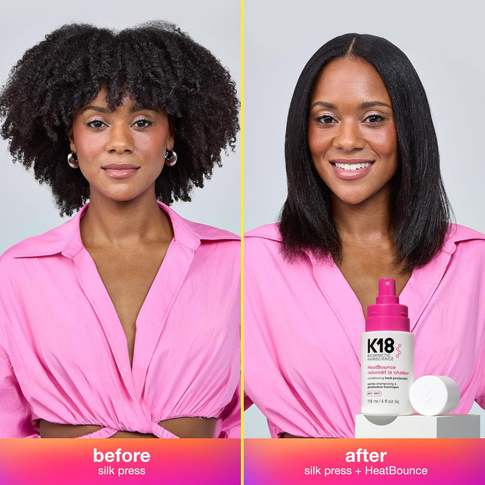 Before and after comparison of a woman's hair with K18 product on a gray background