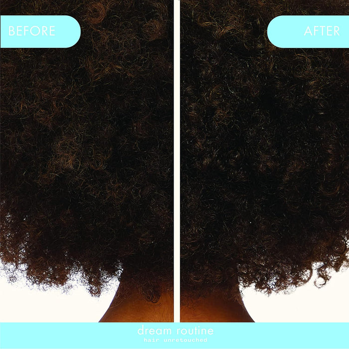 Before and after comparison of hair texture with 'dream routine' branding.