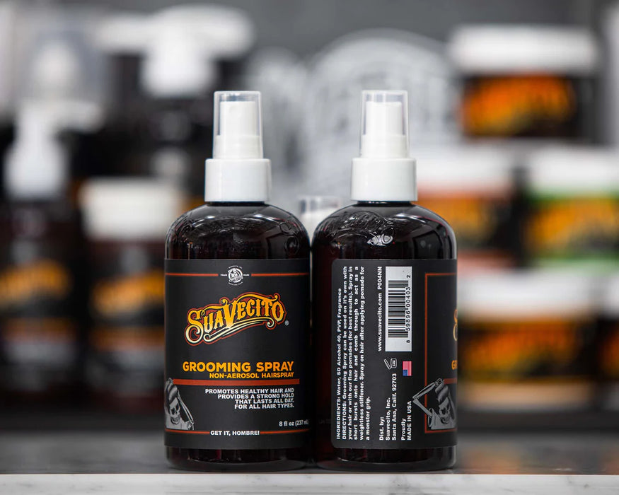 Suavecito Grooming Spray non- aerosol bottle front and back