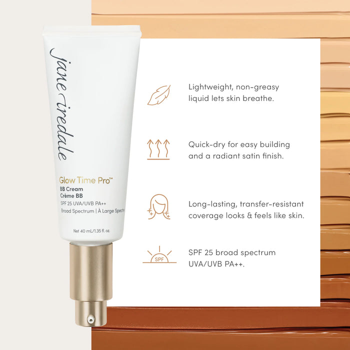Jane Iredale Glow Time Pro BB Cream SPF 25 is lightweight & non-greasy to let skin breathe. Quick drying for easy building. Long-lasting, transfer-resistant coverage looks & feels like skin. SPF25 broad spectrum UVA/UVB++