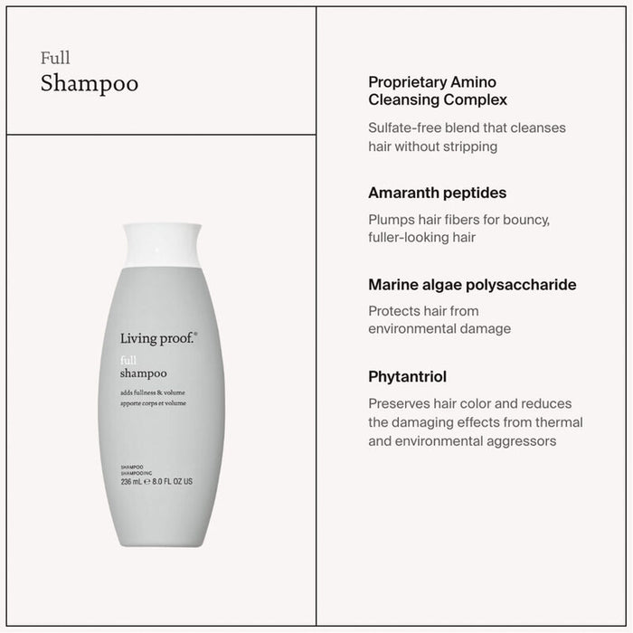Living Proof Full Shampoo uses a proprietary amino cleansing complex, amaranth peptides, marine algae polysaccharide, phytantriol