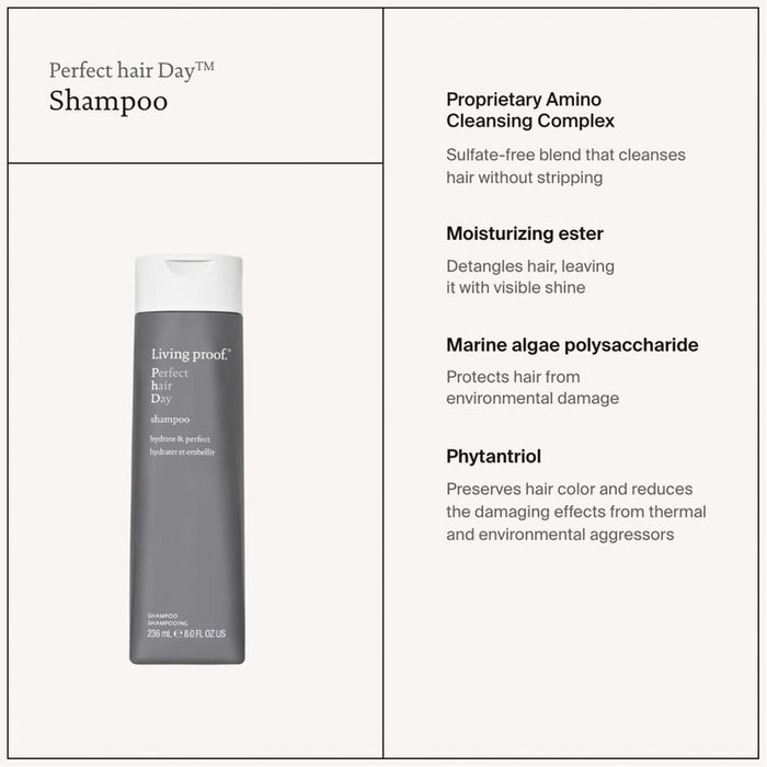 Living Proof Perfect Hair Day Shampoo proprietary amino cleansing complex, moisturizing ester, marine algae polysaccharide, and phytantriol