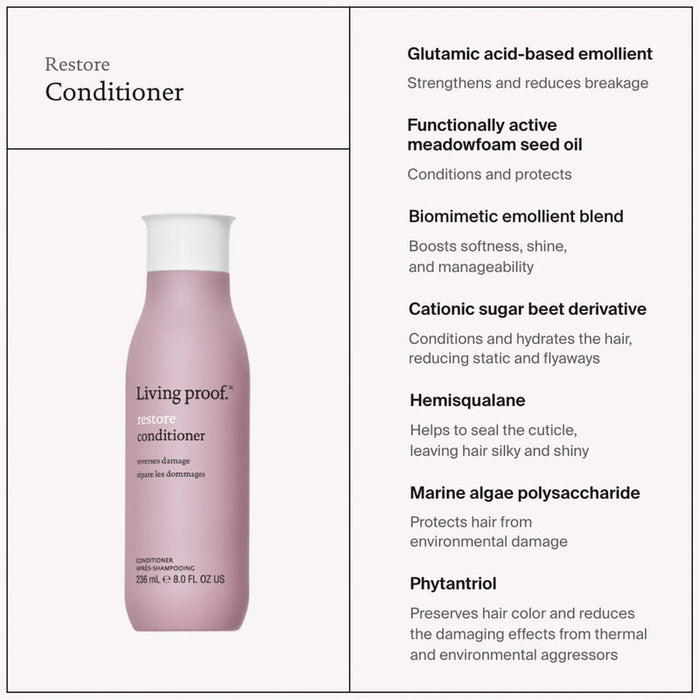Living Proof Restore Conditioner uses a number of key ingredients to reverse damage in hair