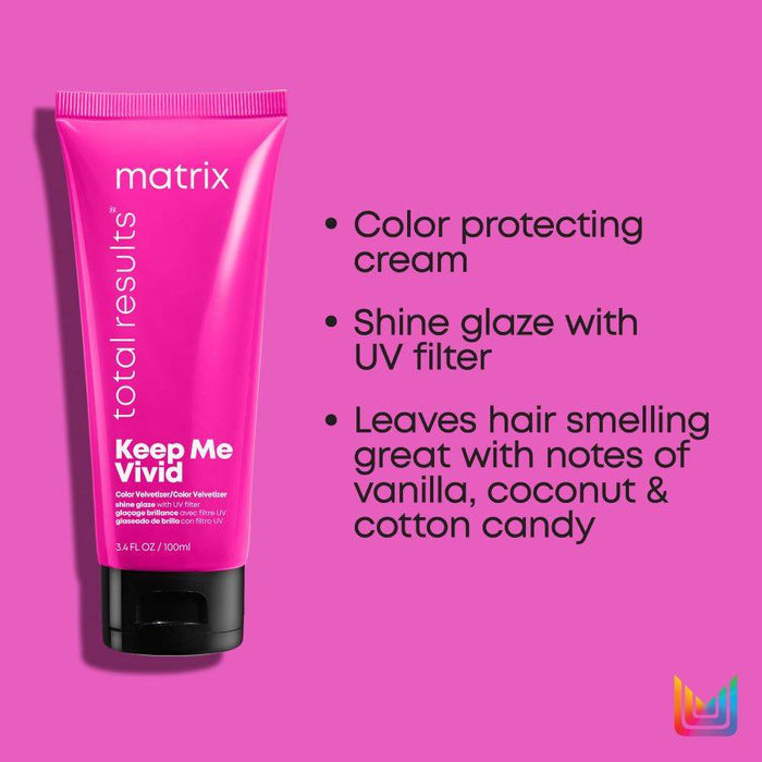 Matrix Total Results Keep Me Vivid Color Velvetizer Leave-In with UV and Heat Protection is a color protecting cream and shine glaze with UV filter