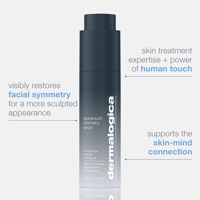 Dermalogica neurotouch symmetry serum bottle with text explaining benefits on a white background