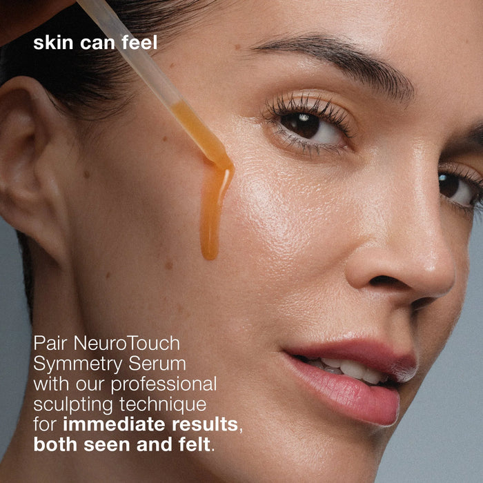 Close-up of a woman's face with NeuroTouch Symmetry Serum being applied, text overlay.