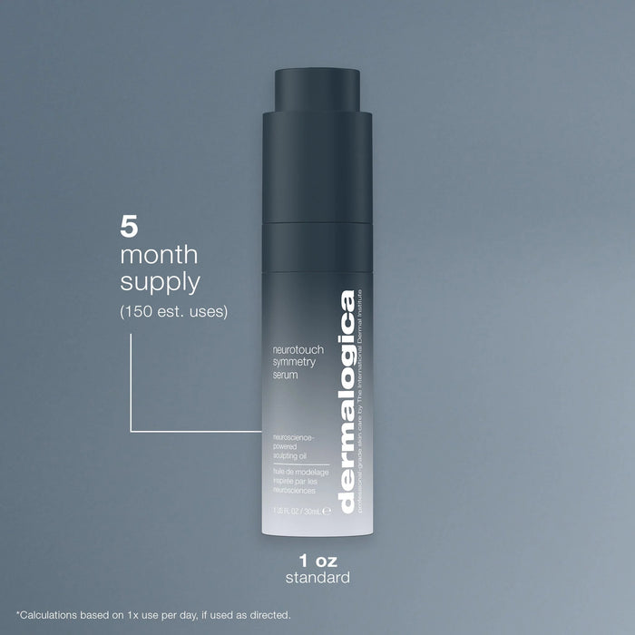 Dermalogica neurotouch symmetry serum bottle on a gray background describing that it is a 5 month supply and 1oz. 