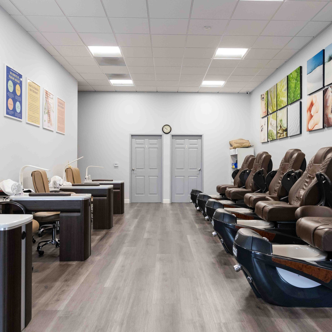The nail salon inside of Han's Beauty Stør in Pasadena in Hasting's Ranch on Foothilll Blvd. It shows the pedicure chairs and manicure tables, in addition to 2 esthetician rooms. It is a clean, beautiful, and newer looking salon.
