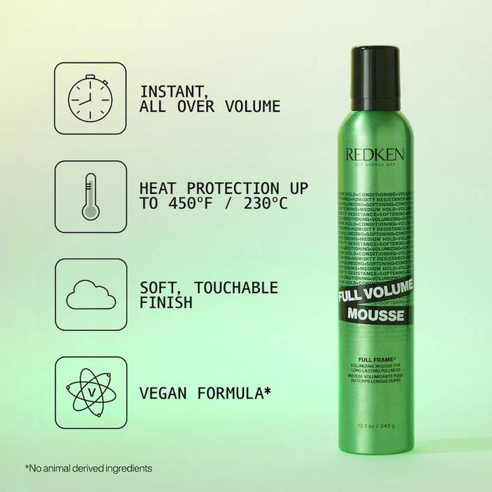 Redken Full Volume Mousse gives instant volume and heat protection for a soft and touchable finish