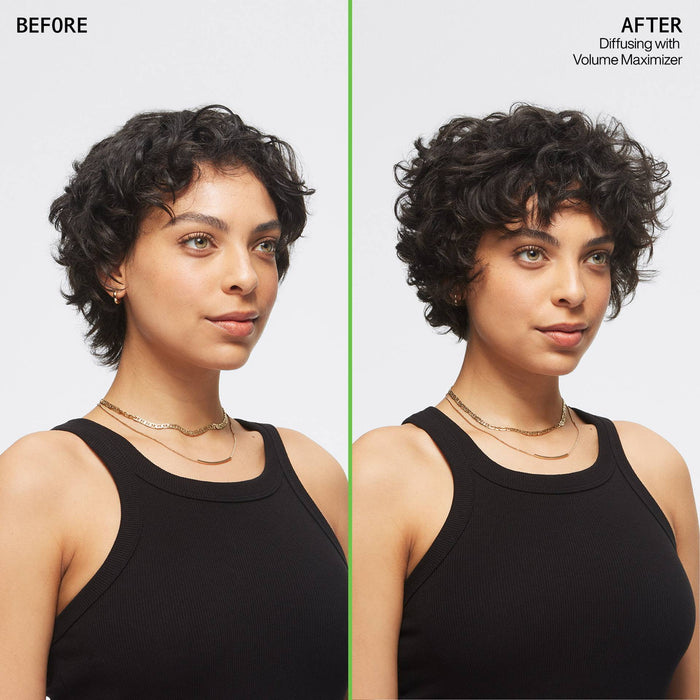 Redken Volume Maximizer Thickening Spray before and after use shows a fuller and voluminous curl