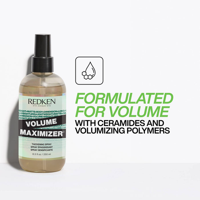 Redken Volume Maximizer Thickening Spray uses ceramides and volumizing polymers for a voluminous look