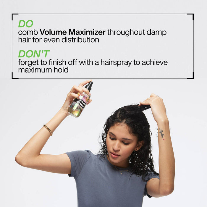 Redken Volume Maximizer Thickening Spray should be applied and evenly distributed in damp hair. Hairspray may be required as a finisher to achieve maximum hold