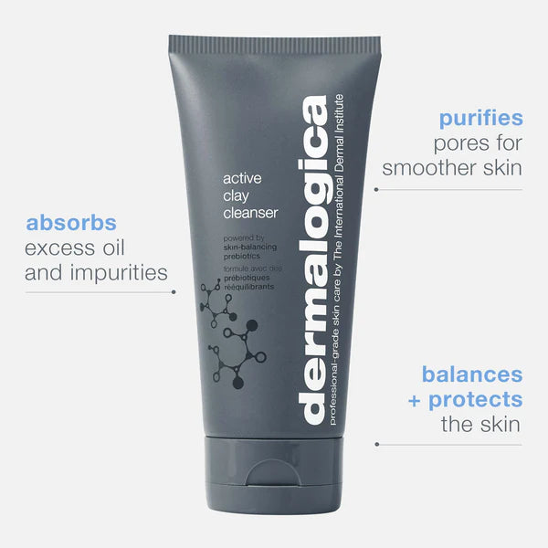 Dermalogica Active Clay Cleanser absorbs excess oil, purifies pore for smoother skin, and balances + protects the skin