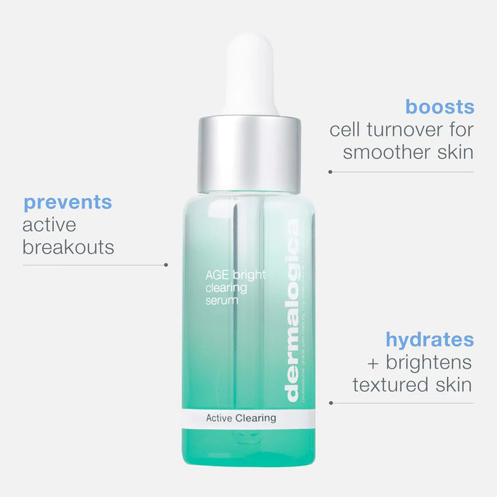 Dermalogica Active Clearing Age Bright Clearing Serum prevents active breakouts, boosts cell turnover for smoother skin, and hydrates + brightens textured skin