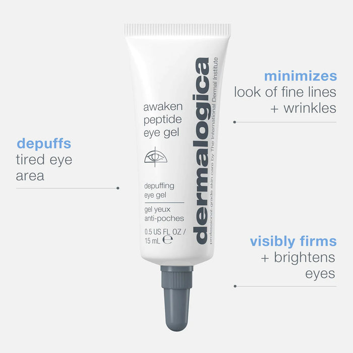 Dermalogica Awaken Peptide Eye Gel depuffs tired eye area, minimizes the look of fine lines + wrinkles, and visibly firms + brightens eyes