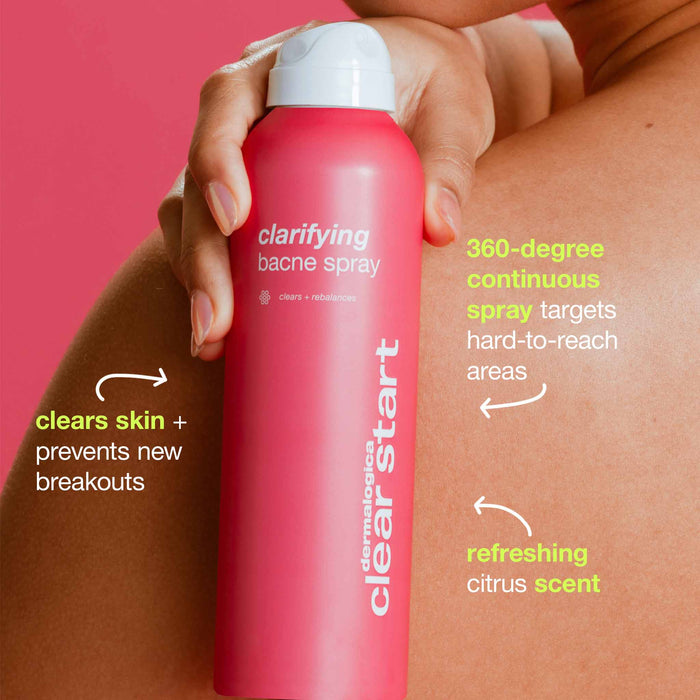 Dermalogica Clear Start Clarifying Bacne Spray clears skin and prevents new breakouts with a refreshing citrus scent