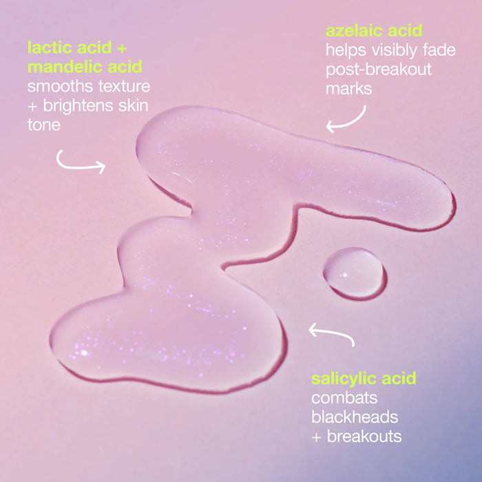 Dermalogica Breakout Clearing Liquid Peel utilizes lactic acid + mandelic acid, azelaic acid, and salycylic acid