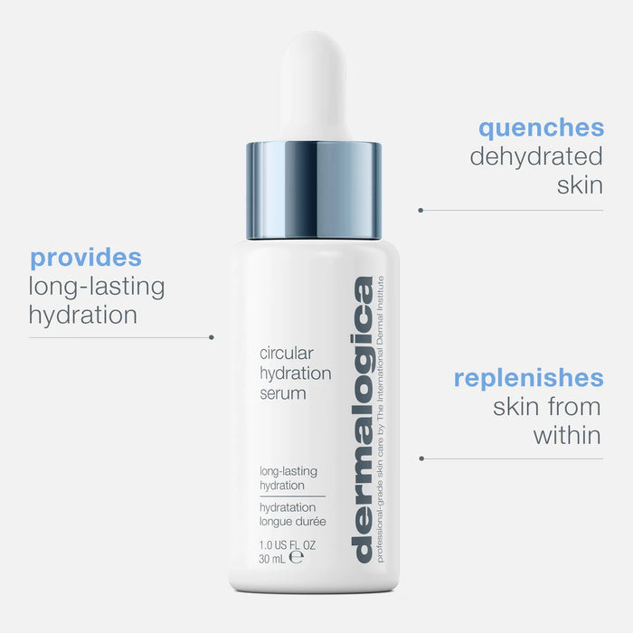 Dermalogica Circular Hydration Serum provides long-lasting hydration, quenches dehydrated skin, and replenishes skin from within