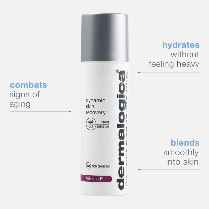 Dermalogica Age Smart Dynamic Skin Recovery SPF 50 combats signs of aging, hydrates without feeling heavy, and blends smoothly into skin