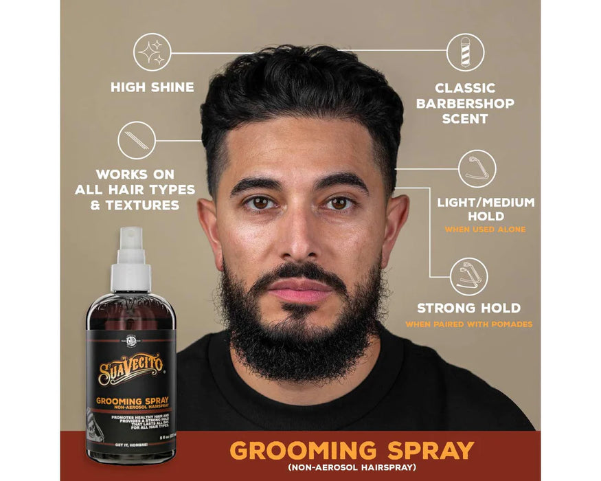 Suavecito Grooming Spray benefits: high shine, classic barber scent, ligh/medium hold when used alone, strong hold when used with pomades, and works on all hair types and textures.