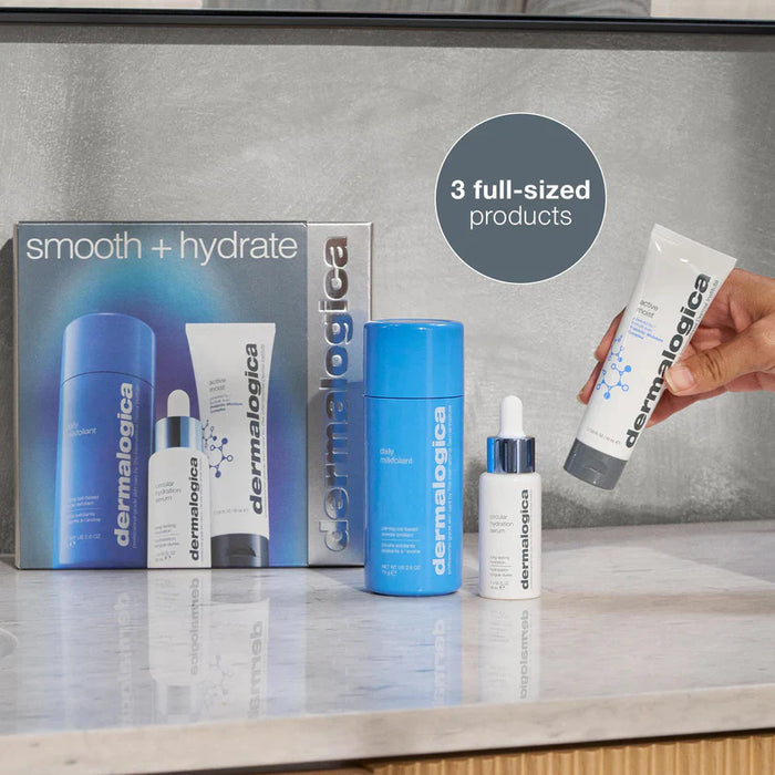 Dermalogica skincare products on a countertop with a hand holding a product.