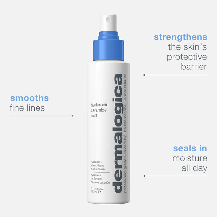 Dermalogica Hyaluronic Ceramide Mist smooths fine lines, strengthens the skin's protective barrier, seals in moisture all day
