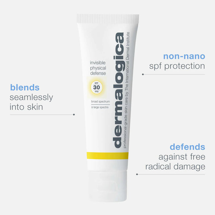Dermalogica Invisible Physical Defense SPF30 blends seamlessly into skin, non-nano spf protection, and defends against free radical damage.