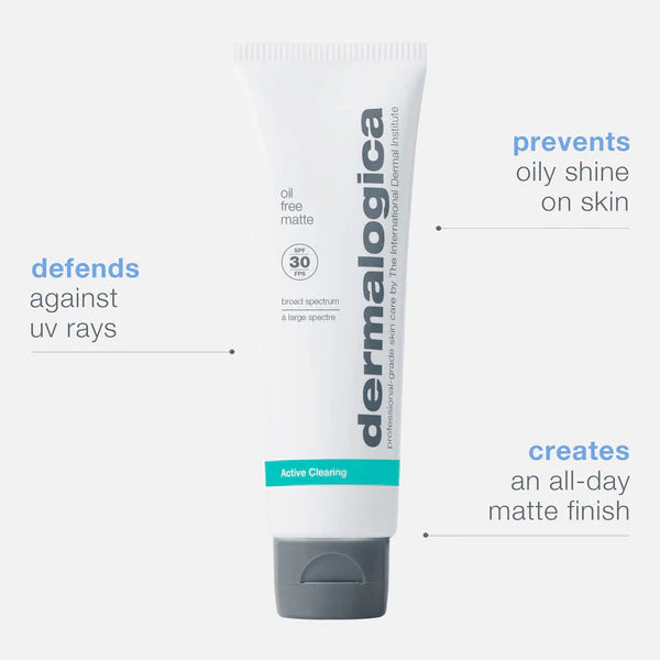 Dermalogica Active Clearing Oil Free Matte SPF30 defends against UV rays, prevents oily shine on skin, and creates an all-day matte finish