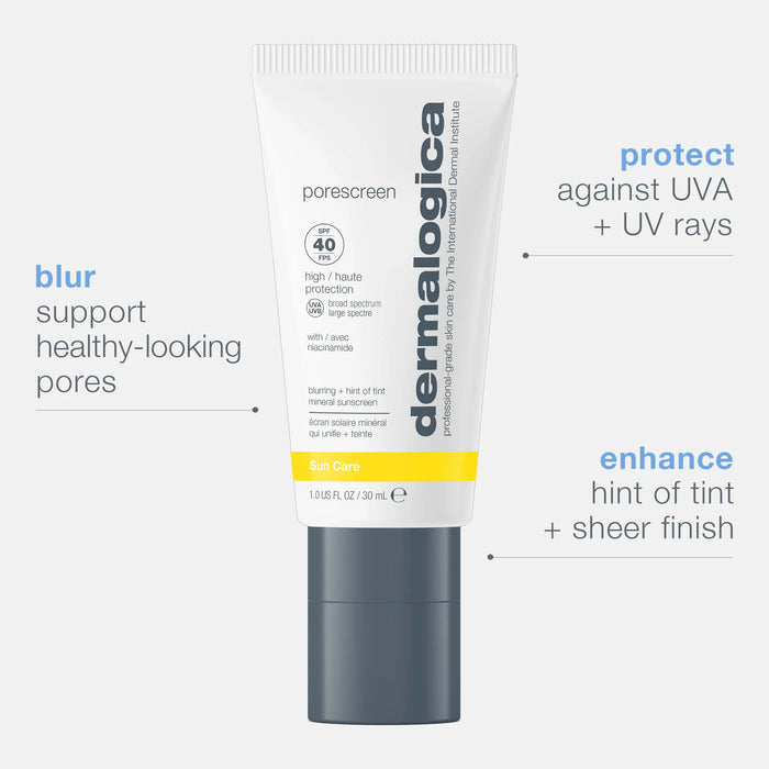 Dermalogica Porescreen Mineral Sunscreen SPF40 supports healthy looking pores, protects against UVA + UVB rays, and has a hint of tint + sheer finish to enhance skin tone