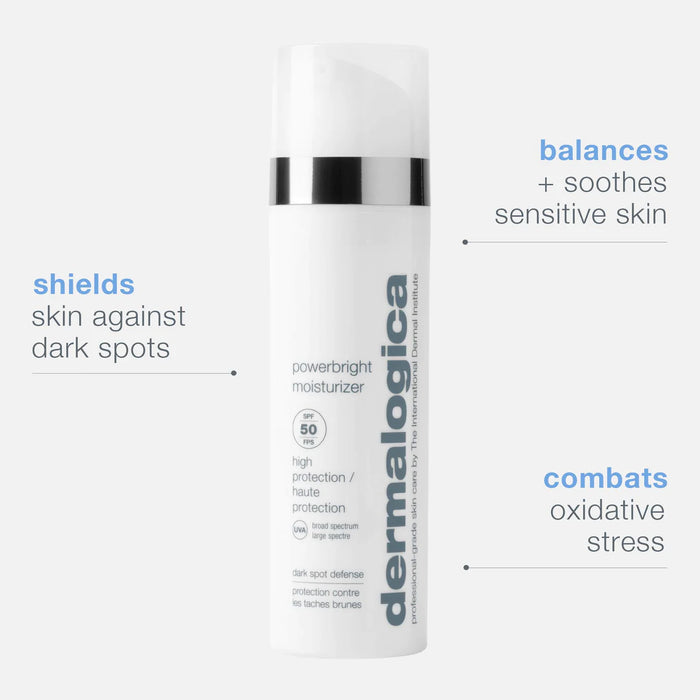 Dermalogica Powerbright Moisturizer SPF50 shields skin against dark spots, balances + soothes sensitive skin, and combats oxidative stress