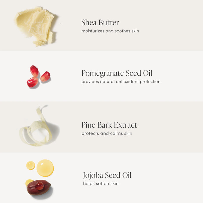 Key Ingredients include shea butter, pomegranate seed oil, pine bark extract, and jojoba seed oil