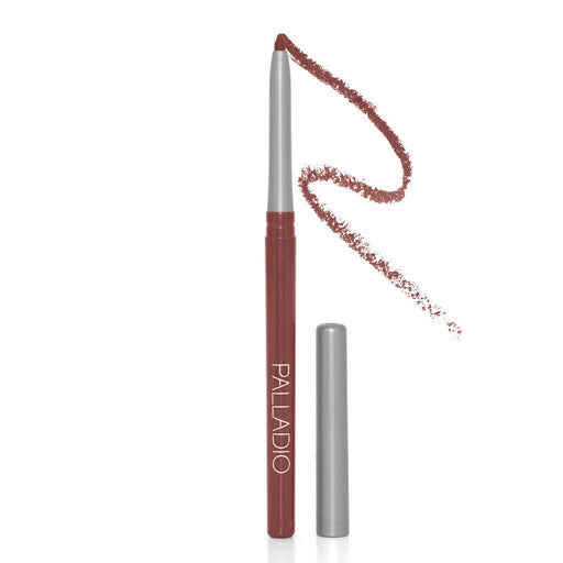 Palladio retractable waterproof herbal lip liner pencil in NAKED with its cap removed, showing the product usage.