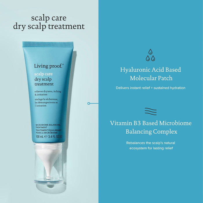 Living Proof Scalp Care Dry Scalp Treatment uses hyaluronic acid based molecular patch and vitamin B3 based microbiome balancing complex
