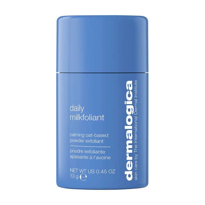 Blue bottle of Dermalogica daily milklfoliant on a white background