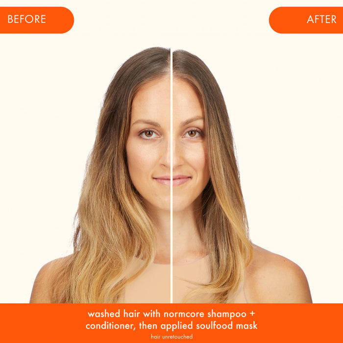 Before and after comparison of a woman's hair with text about shampoo, conditioner, and mask application.