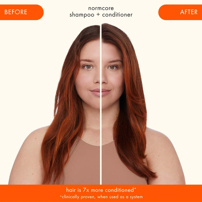 Before and after comparison of a woman's hair with 'normcore shampoo + conditioner' on a white background.
