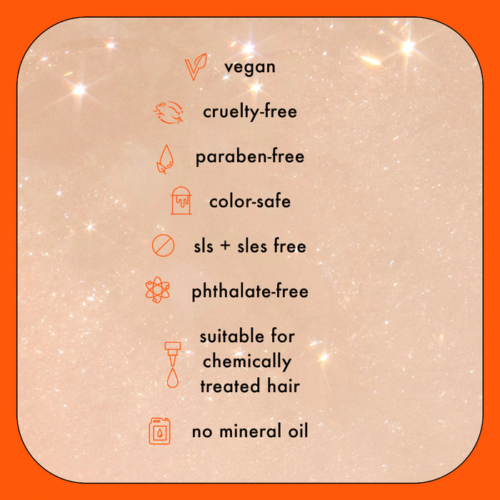 List of product features including vegan, cruelty-free, paraben-free, color-safe, sles + sles free, phthalate-free, suitable for chemically treated hair, and no mineral oil on a beige background with orange border.