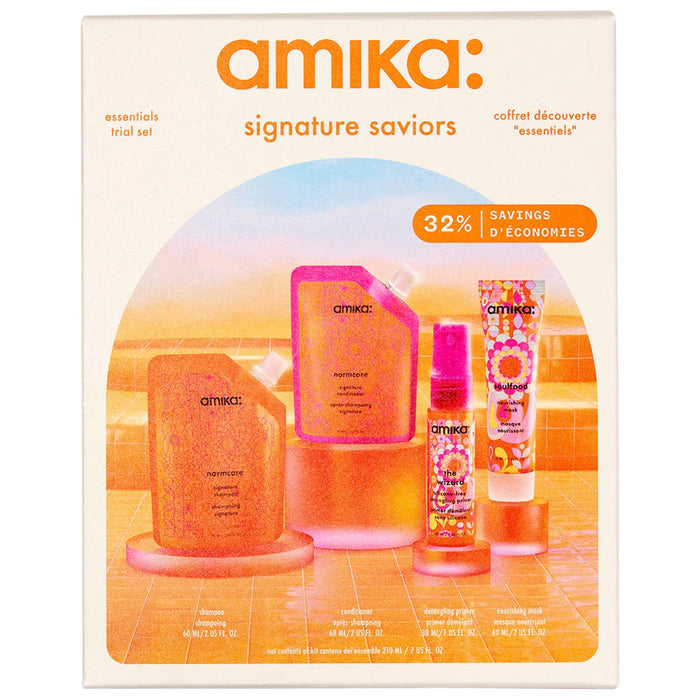 Amika signature saviors essentials trial set packaging with four products on a gradient background