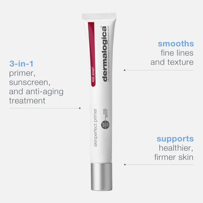 Dermalogica Age Smart SkinPerfect Primer SPF30 is a 3-in-1 primer, sunscreen, and anti-aging treatment. It smoothes fine lines and texture while supporting healthier, firmer skin