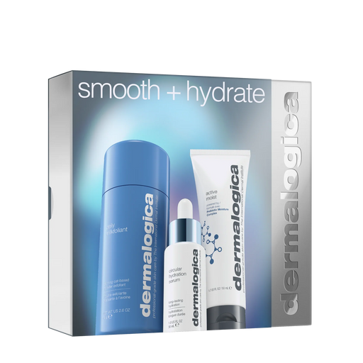 Dermalogica skincare product set with packaging labeled 'smooth + hydrate' on a white background.