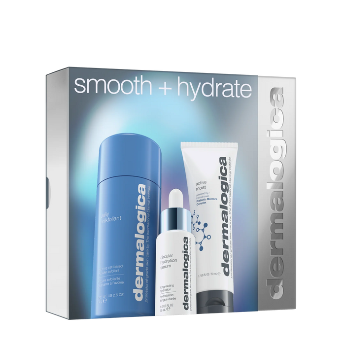 Dermalogica skincare product set with packaging labeled 'smooth + hydrate' on a white background.