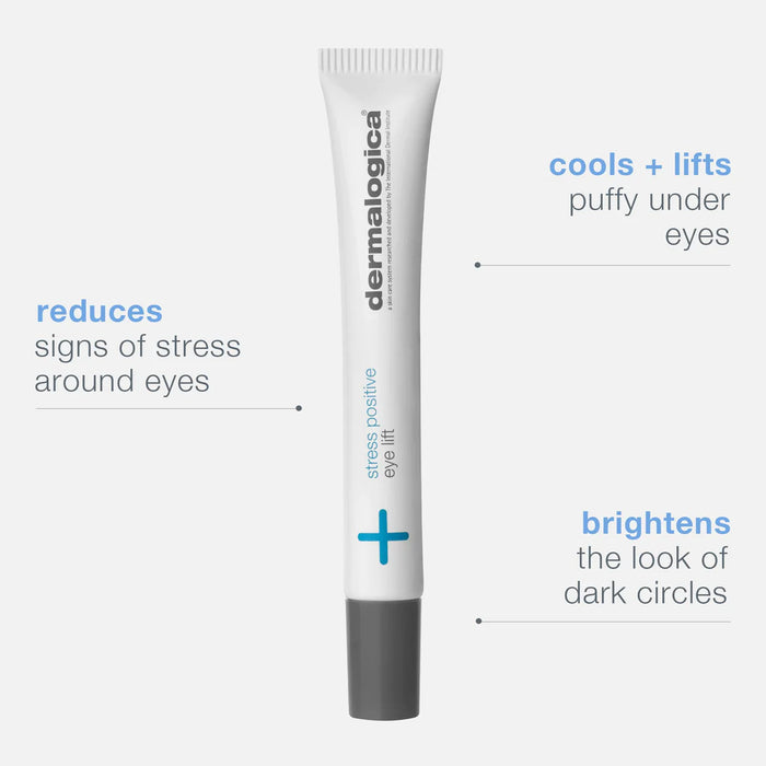 Dermalogica Stress Positive Eye Lift reduces signs of stress around eyes, cools + lifts puffy under eyes, and brightens the look of dark circles